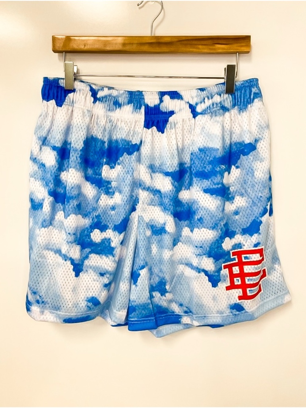 Eric Emanuel Blue and White Cloud Print Athletic Shorts with Red Logo